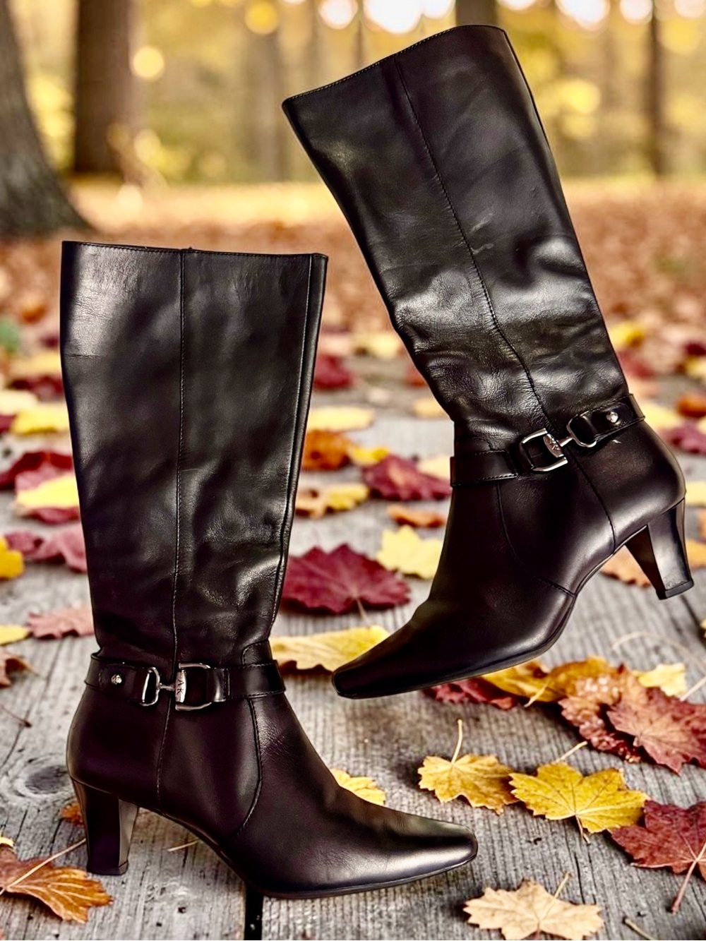 Women's Black Mid-Heel Leather Knee Boots with Buckle Accent